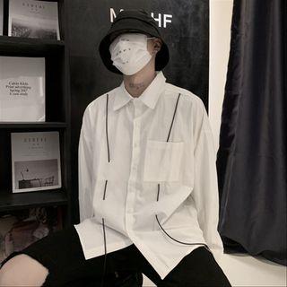 Drawstring Front Pocket Long-sleeve Button-down Shirt