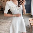 Short-sleeve Buttoned Knit A-line Mini Dress