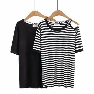 Letter Print Cutout Short-sleeve Knit T-shirt
