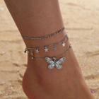 Set Of 3: Alloy Butterfly / Star Anklet 15695 - Silver - One Size