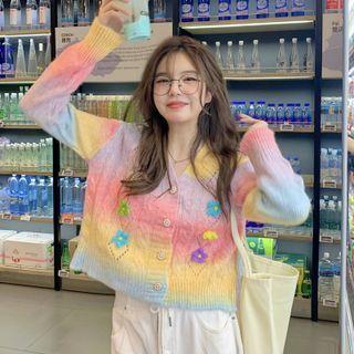 Flower Detail Pointelle Knit Cardigan Red & Yellow & Blue - One Size