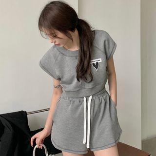 Short-sleeve Heart Embroidered Crop Top / Drawstring Sweatshorts