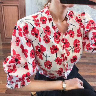 3/4-sleeve Frill-trim Floral Blouse