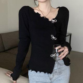 Long-sleeve Rhinestone Bow-accent Frill Trim Knit Top Black - One Size