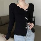 Long-sleeve Rhinestone Bow-accent Frill Trim Knit Top Black - One Size