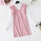Set: Long-sleeve Lace Top + Ruffled Mini Knit Pinafore Dress