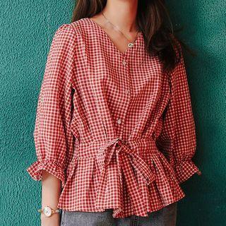 Plaid 3/4-sleeve Tie-waist Blouse