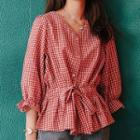 Plaid 3/4-sleeve Tie-waist Blouse