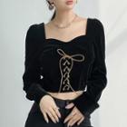 Long-sleeve Square Neck Lace-up Cropped Blouse