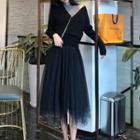 V-neck Sweater / Mock Two-piece Sleevless A-line Dress