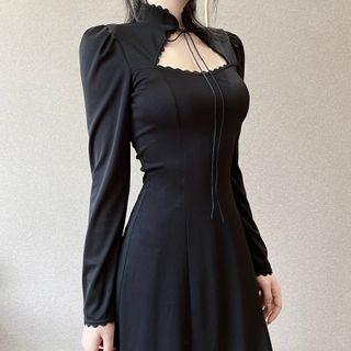 Stand Collar Slit-side Midi Sheath Dress