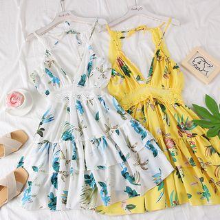 Open-back Lace-trim Printed Mini Dress