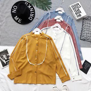 Color-block Stand-collar Loose-fit Long-sleeve Chiffon Blouse