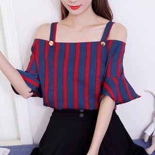 Striped Off-shoulder Short-sleeve Chiffon Top