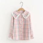 Lace-hem Collar Gingham Long-sleeve Shirt As Shown In Figure - One Size