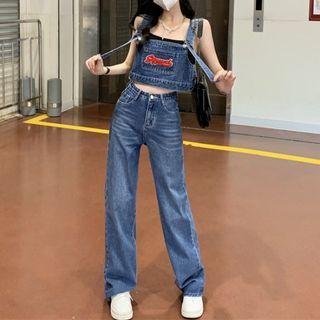 Set: Sleeveless Lettering Denim Top + Jeans