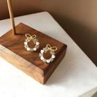Bow Rhinestone Faux Pearl Hoop Earring 1 Pair - Gold & White - One Size