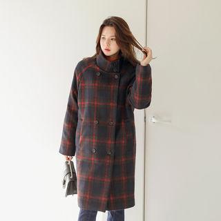Stand-collar Plaid Wool Blend Coat