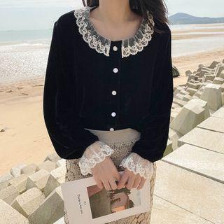 Long-sleeve Lace Ruffle Velvet Blouse Black - One Size