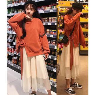 Cut Out Sweatshirt/ Midi A-line Mesh Skirt