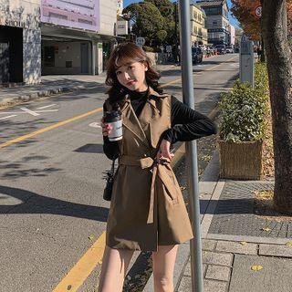 Set: Long-sleeve Mock-neck Top + Sleeveless Sashed A-line Mini Wrap Dress