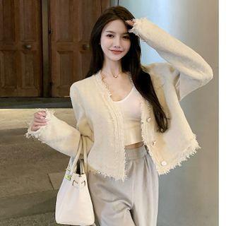 Frayed Trim Cropped Jacket / Camisole Top / Wide-leg Pants