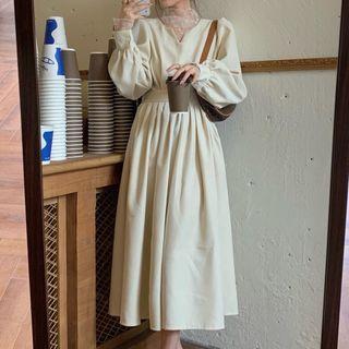 Long-sleeve Plain Midi Dress / Long-sleeve Mock-neck Lace Top