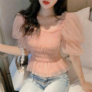 Bubble Sleeve Square Neck Cropped Smocked Top
