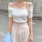 Off-shoulder Lettuce-edge Rib-knit Top