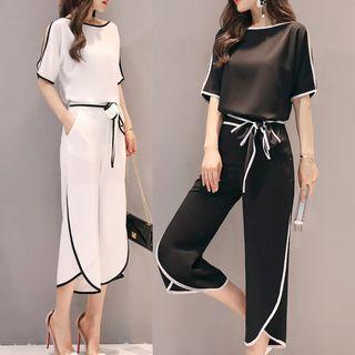 Set: Contrast Trim Elbow-sleeve Top + Wide-leg Pants