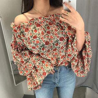 Off-shoulder Printed Long-sleeve Top