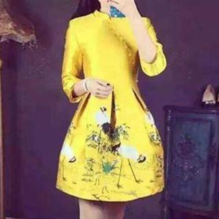 Printed Stand Collar Long-sleeve A-line Dress