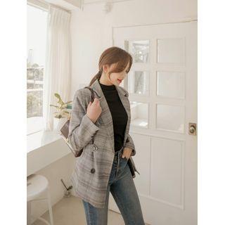 Double-breasted Belt-trim Plaid Blazer