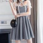 Puff-sleeve Check Mini A-line Qipao Dress