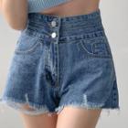 High-waist Double-breasted Frayed Ripped Denim Shorts