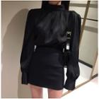Balloon-sleeve Mock-neck Blouse Black - One Size