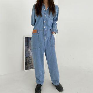 Pleather-patched Wide-leg Denim Jumpsuit Light Blue - One Size
