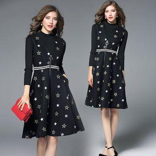 V-neck Star Embroidered Sleeveless A-line Dress