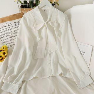 Ribbon-neckline Pearled Loose Shirt