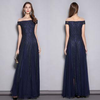 Mesh Panel Lace A-line Evening Gown