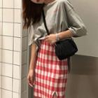 Elbow-sleeve Lettering T-shirt / Plaid Straight Fit Skirt
