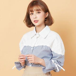 Bell-sleeve Striped Panel Shirt Blue - One Size