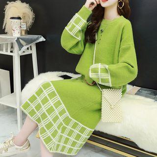 Set: Plaid Panel Sweater + Midi A-line Skirt
