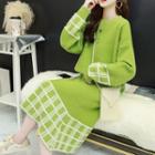 Set: Plaid Panel Sweater + Midi A-line Skirt