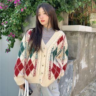 Argyle Cardigan Red & Green & White - One Size