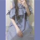 Cold-shoulder Short-sleeve Striped Dress + Striped Headband Blue - One Size
