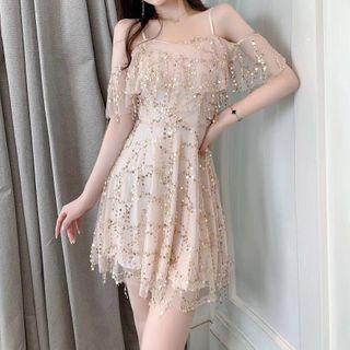 Cold-shoulder Short-sleeve Mini A-line Mesh Dress