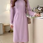 Faux-pearl Trim Pintuck-waist Dress