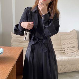 Long-sleeve Sashed Midi A-line Dress Black - One Size