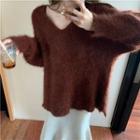 Plain V-neck Loose-fit Long-sleeve Sweater / Plain High-waist Knit Dress